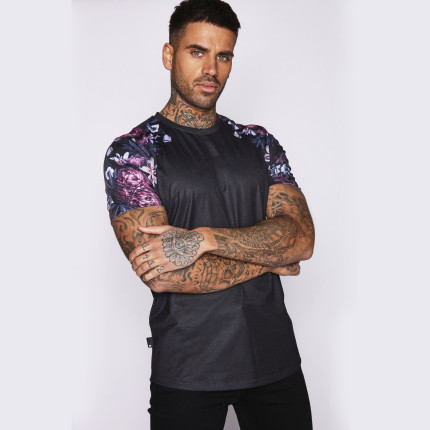 Printed Sleeve Purple Floral T-Shirt - Black